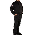 Black racing suit, high-neck full-zip jacket with waist belt strap