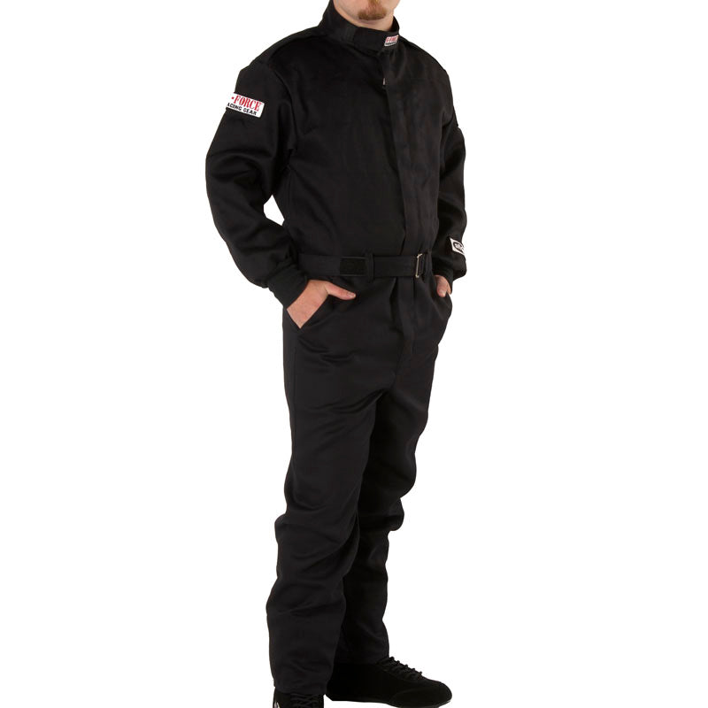 Black racing suit, high-neck full-zip jacket with waist belt strap