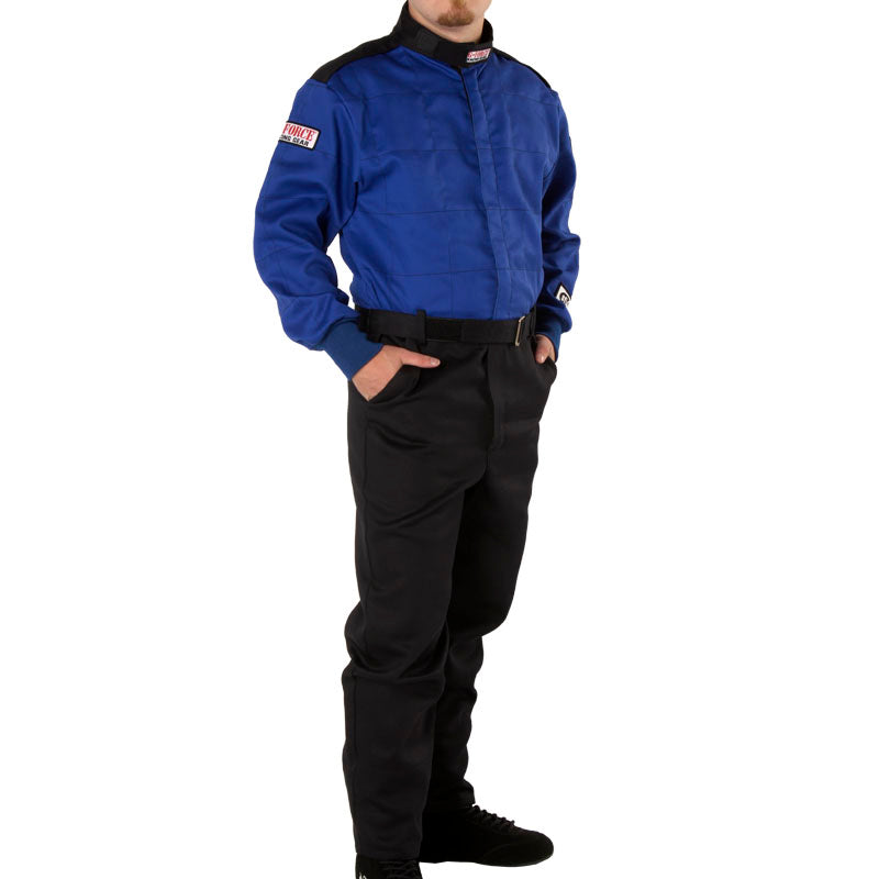 Blue racing suit with black pants, full-zip jacket and waist belt strap