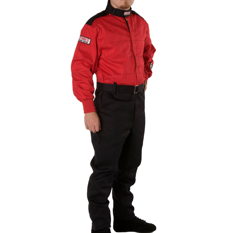 Red racing suit with black pants, full-zip jacket and waist belt strap