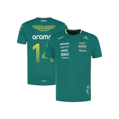 Green racing replica t-shirt with large 14 and Aramco/Aston Martin logos