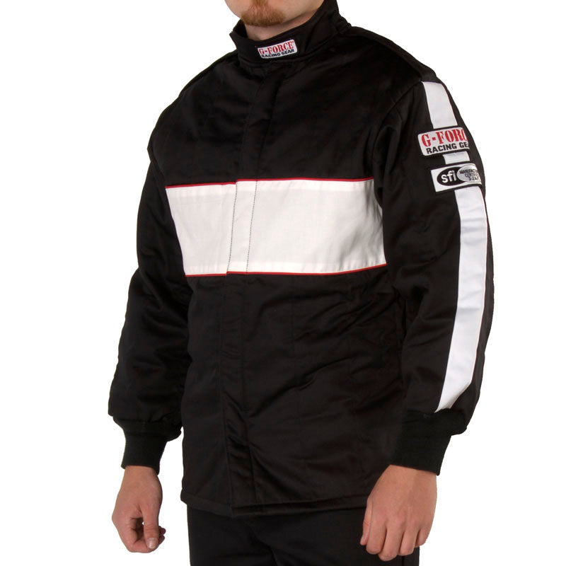 Black racing jacket with white stripe panels, stand collar, front zip, sleeve patch