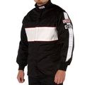 Black racing jacket with white stripe panels, stand collar, front zip, sleeve patch
