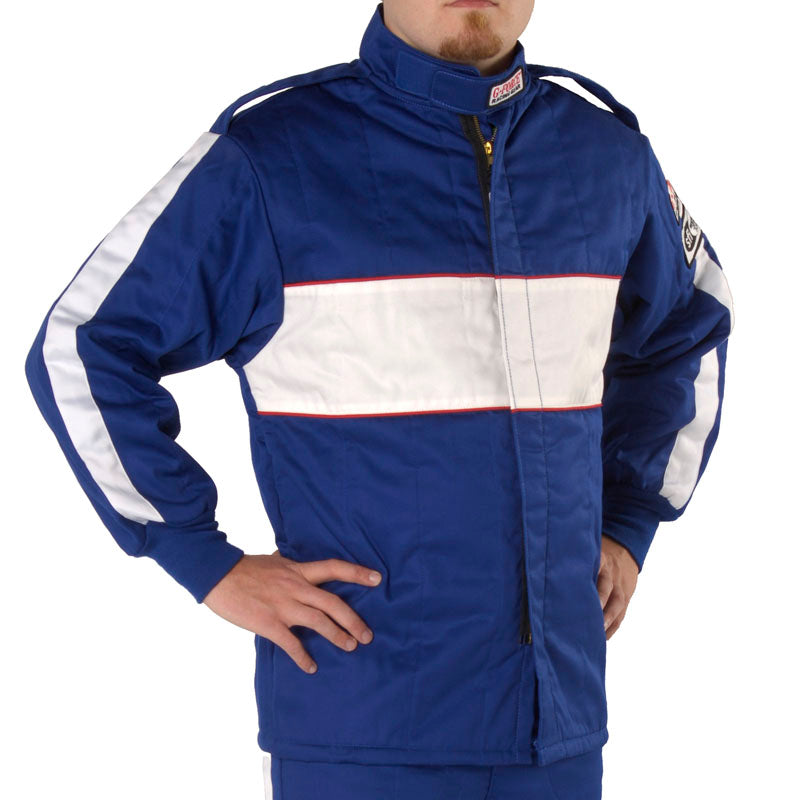 Blue racing jacket with white stripe panels, stand collar, front zip, sleeve logo