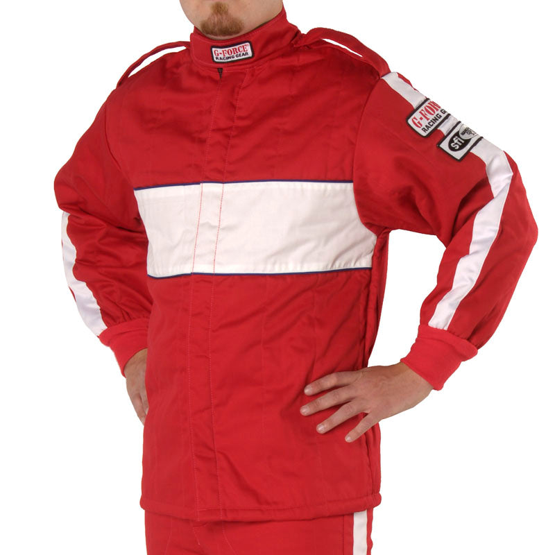 Red racing jacket with white stripe band, stand collar, front zip, sleeve patch