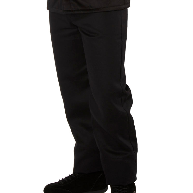 Black racing pants with tapered legs and ankle cuffs