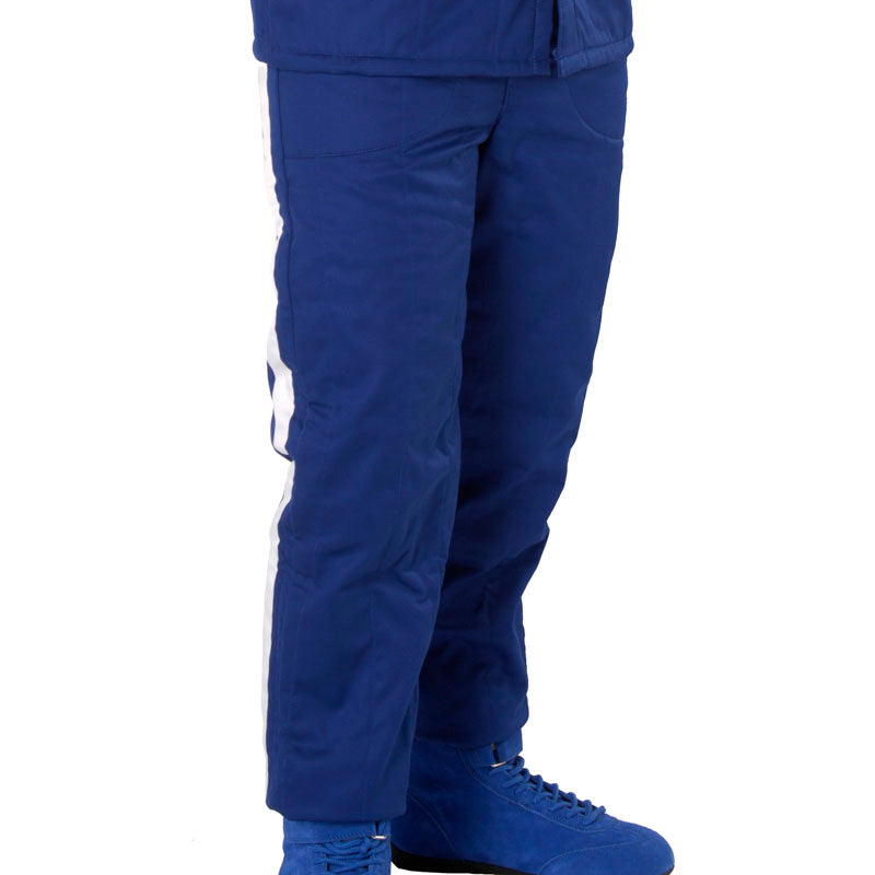 Blue racing pants with ankle cuffs and side cargo pockets