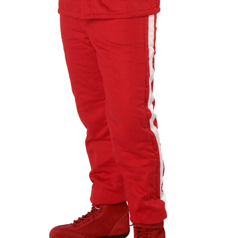 Red racing pants with elastic waist and ankle cuffs