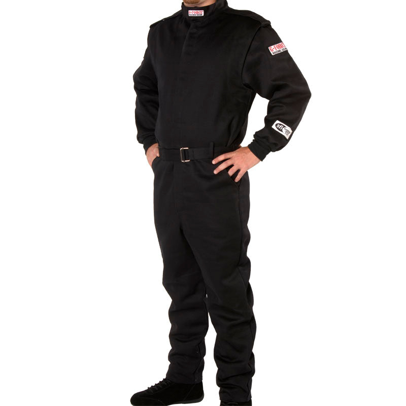 Black racing suit with front zipper, stand collar, long sleeves, full-length legs