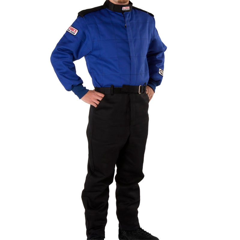 Blue racing suit top with black pants, front zipper, stand collar, long sleeves