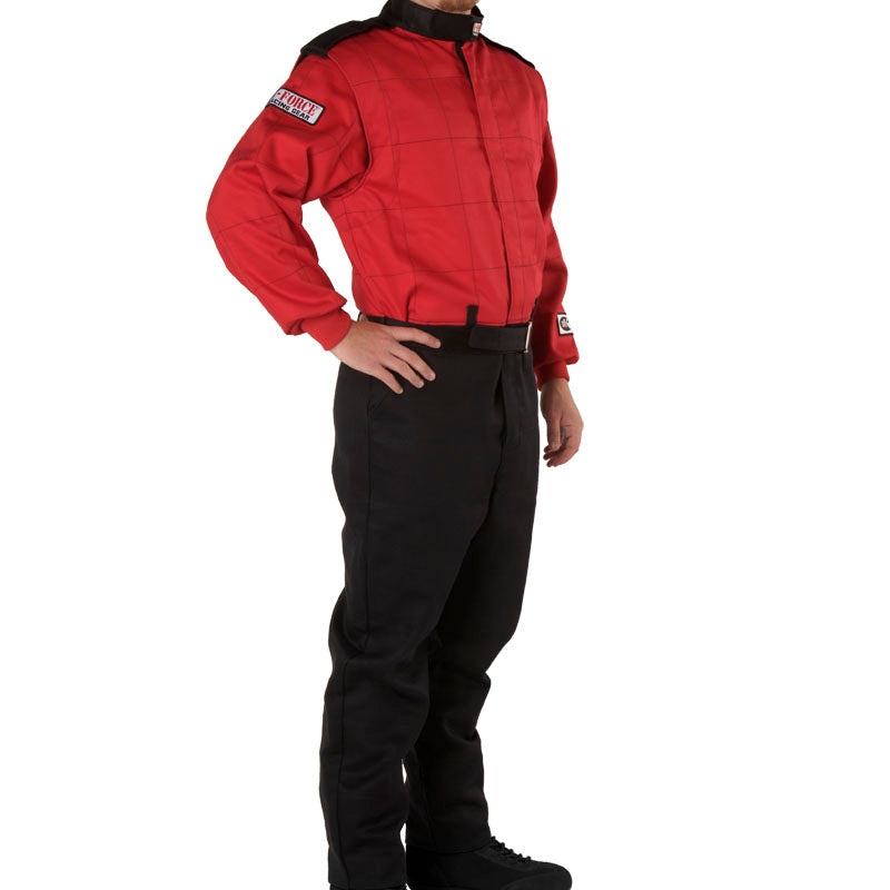 Red racing suit top with black pants, front zipper, stand collar, long sleeves