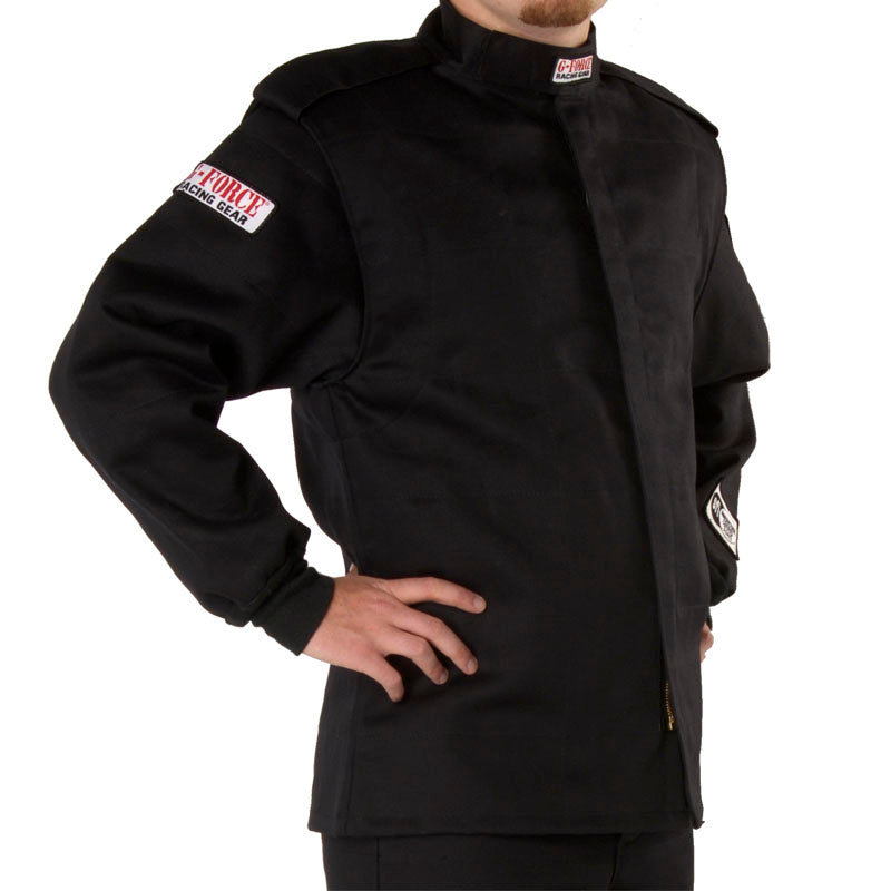 Black racing jacket with stand collar, front zipper, and side logo patch