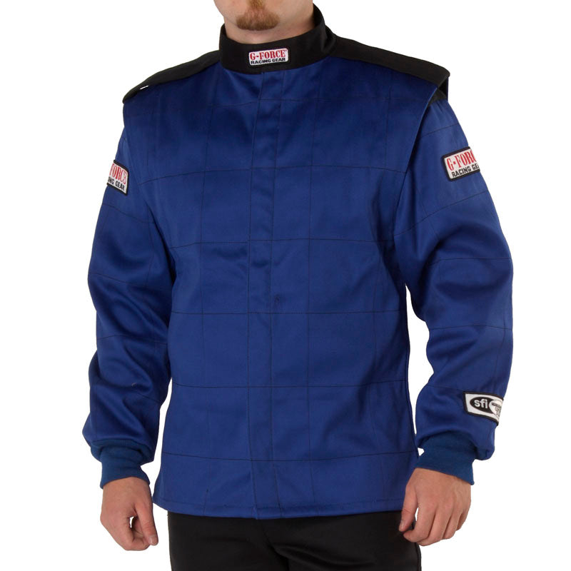 Blue racing jacket with stand collar, front zipper, and logo sleeve patches