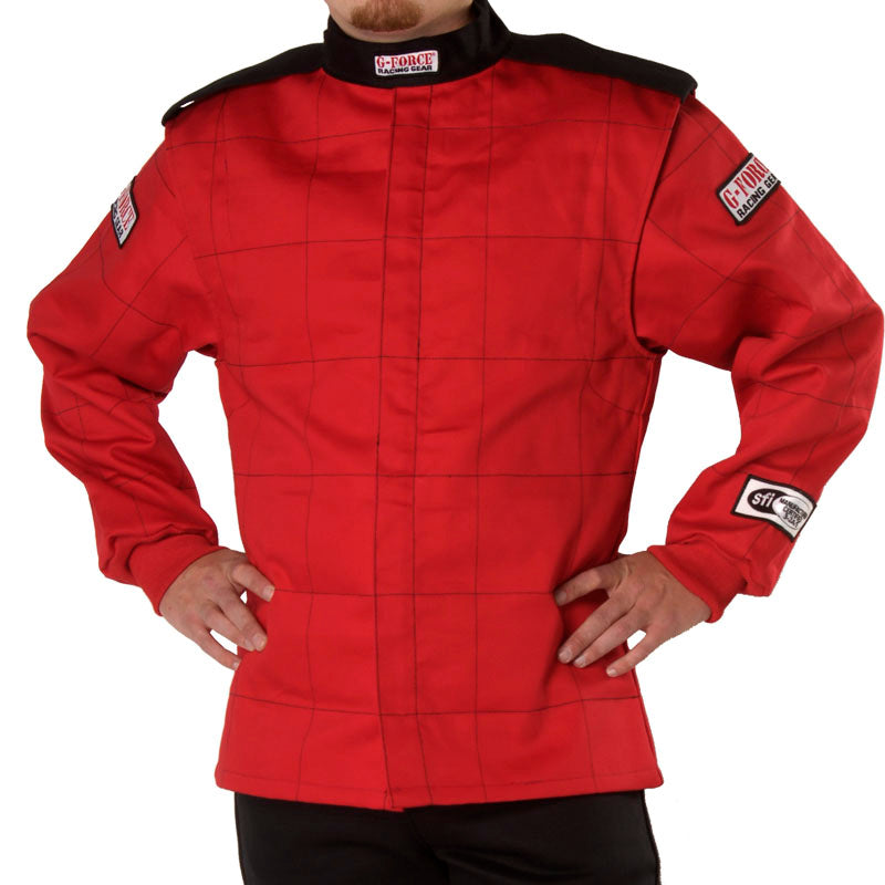 Red racing jacket with stand collar, front zipper, and logo patches
