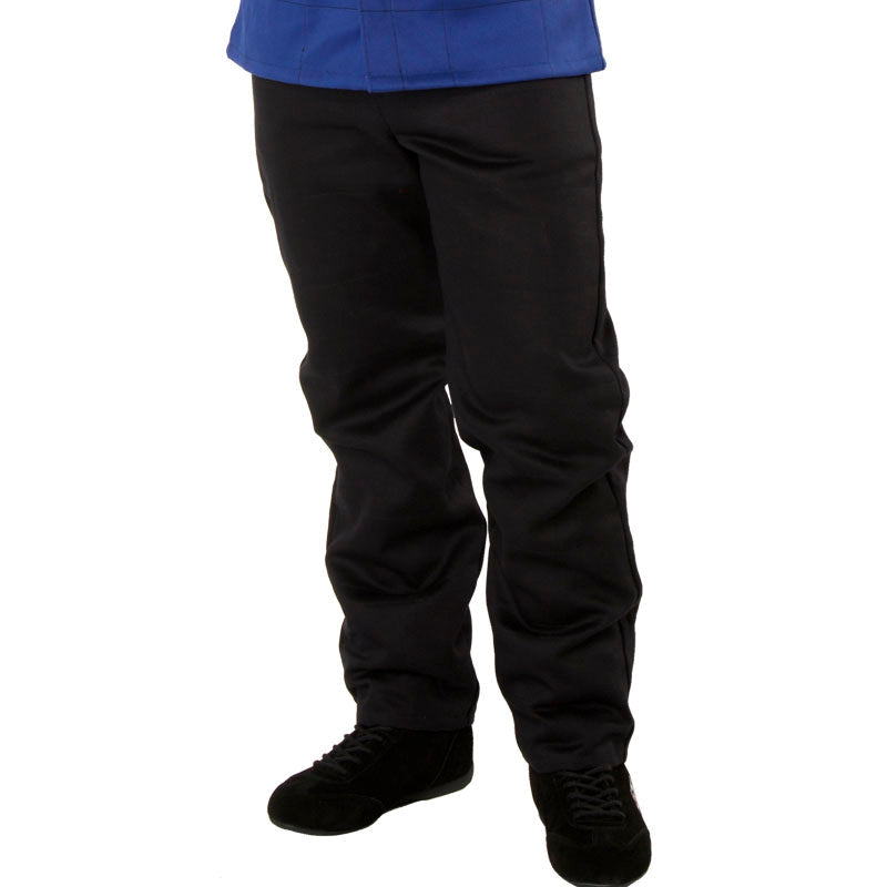 Black racing pants with tapered legs and elastic cuffs