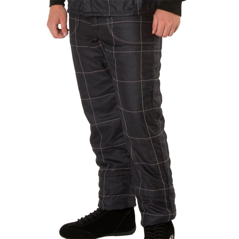 Black racing pants with grid-stitched panels and ankle cuffs