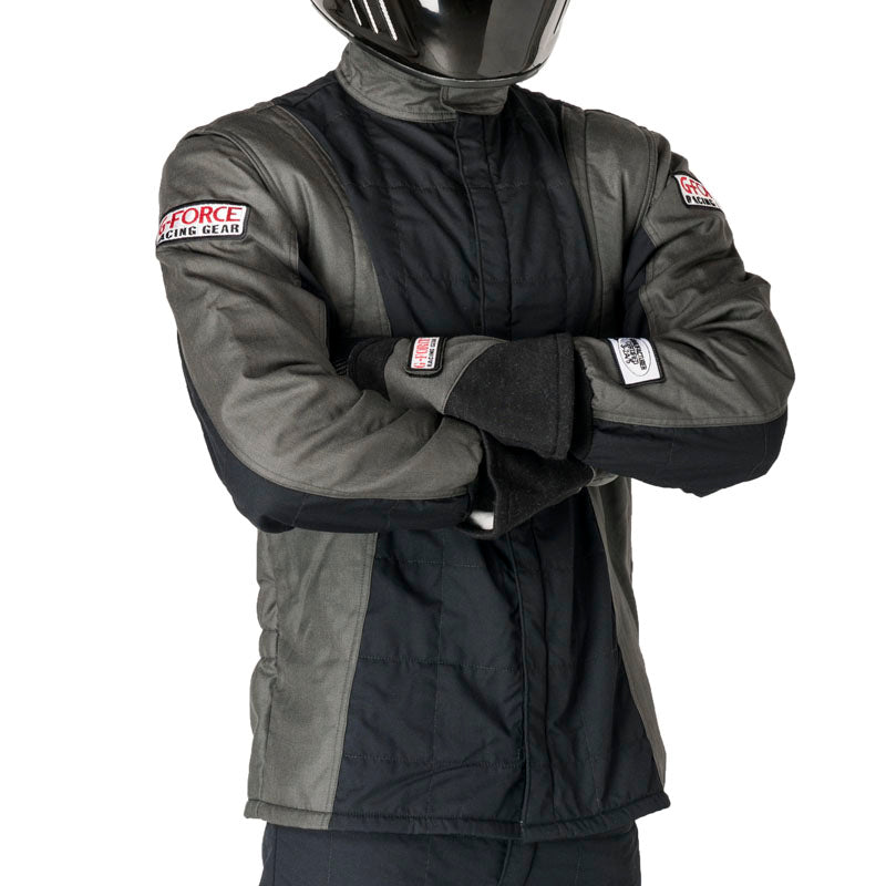 Black racing jacket with gray sleeves, front zipper, padded panels, logo patches