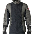 Black racing jacket with gray side panels, front zipper, padded quilting, logo patches