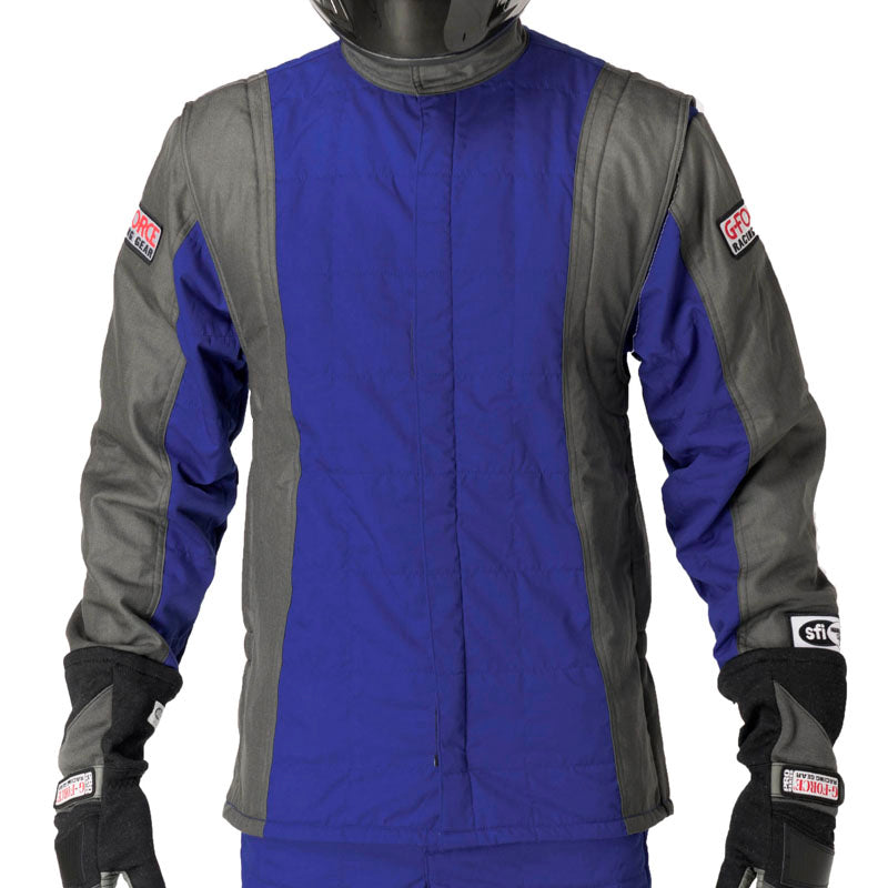 Blue racing jacket with gray sleeves, front zipper, padded chest, logo patches