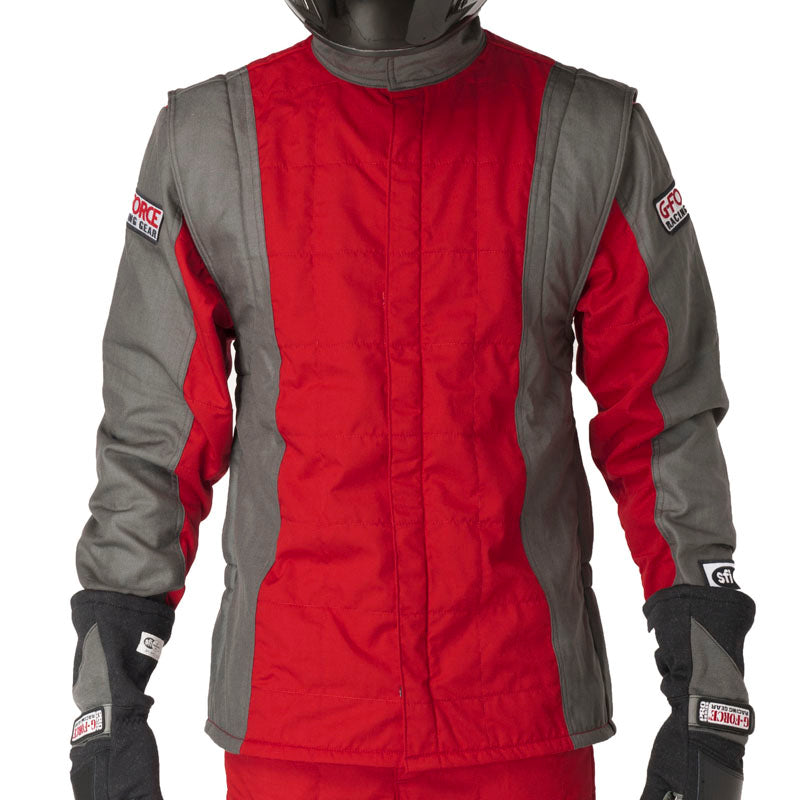 Red racing jacket with gray sleeves, front zipper, padded chest, logo patches