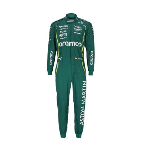 Green race suit with Aston Martin branding, hooded collar, long sleeves, jumpsuit legs