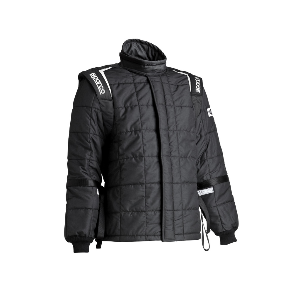 Sparco racing jacket, black with gray panels, quilted high collar and full zipper
