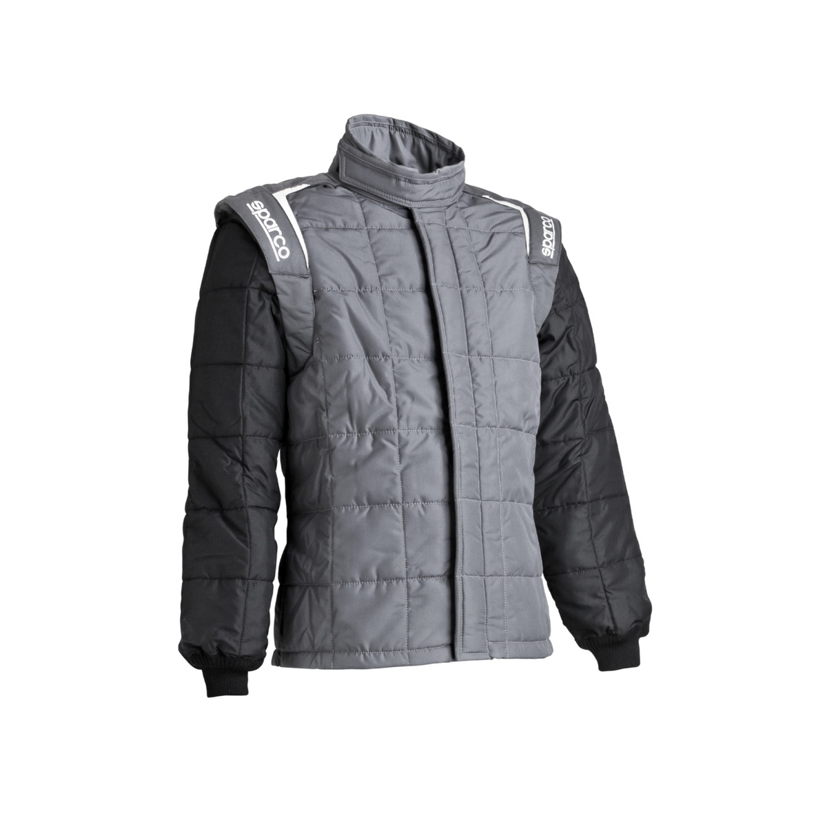 Sparco racing jacket, gray body with black sleeves, quilted high collar, full zipper