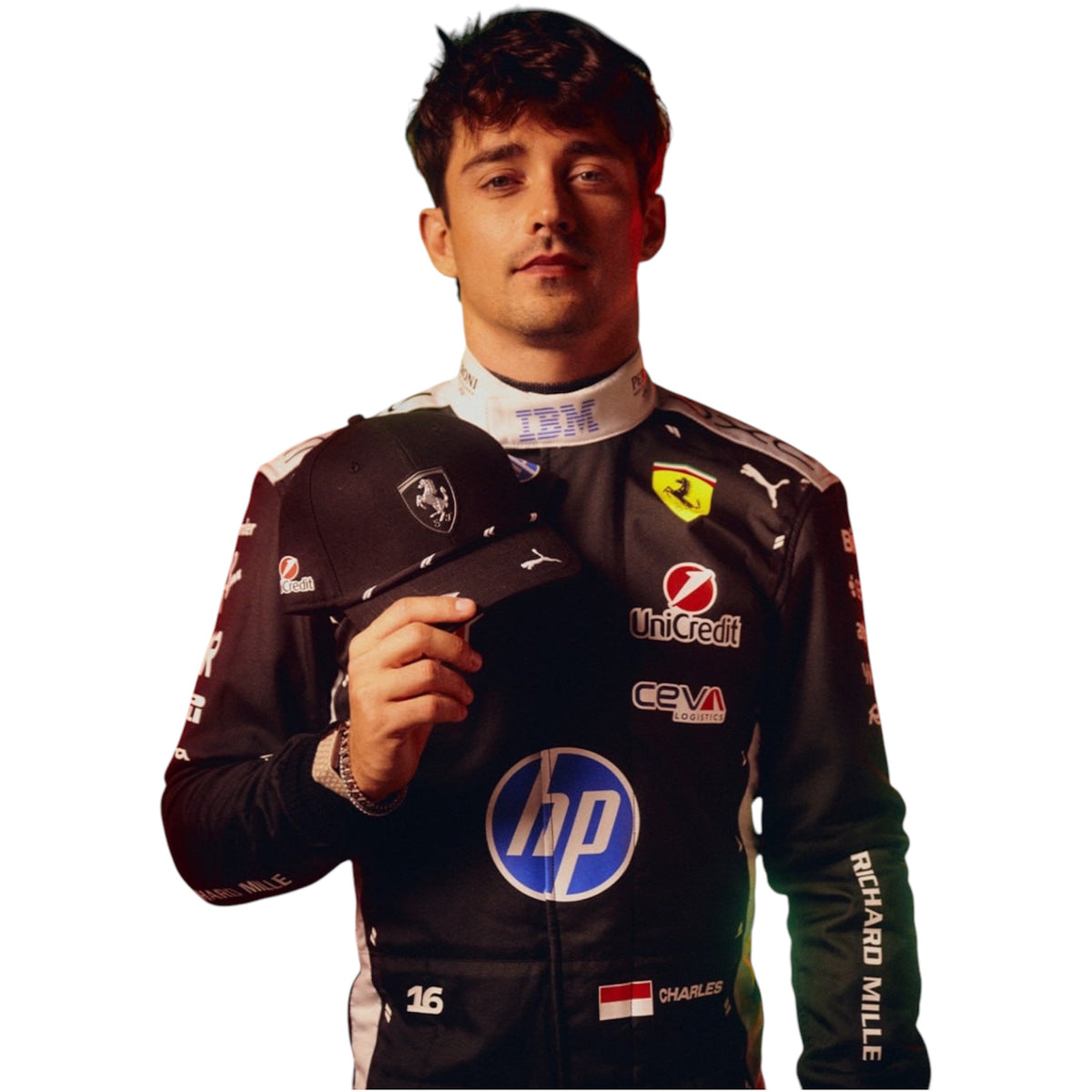 Black and white racing replica suit with HP badge and Scuderia Ferrari shield logos