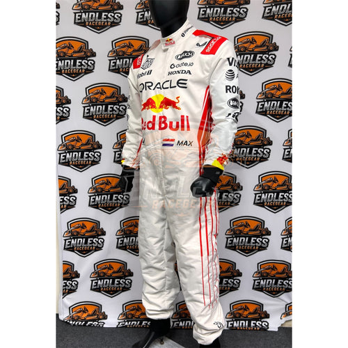 Racing suit with white fabric, red side stripes, and Red Bull and Oracle logos.