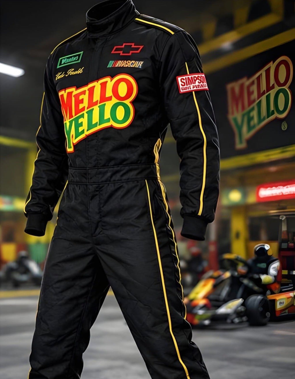 Angled front view of black Mellow Yellow racing suit with yellow piping and sponsor logos