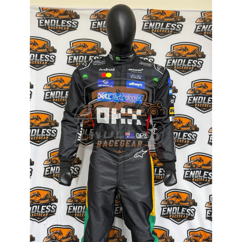 Front dark racing suit with 81, checkered chest panel, blue sponsor strip, and logos