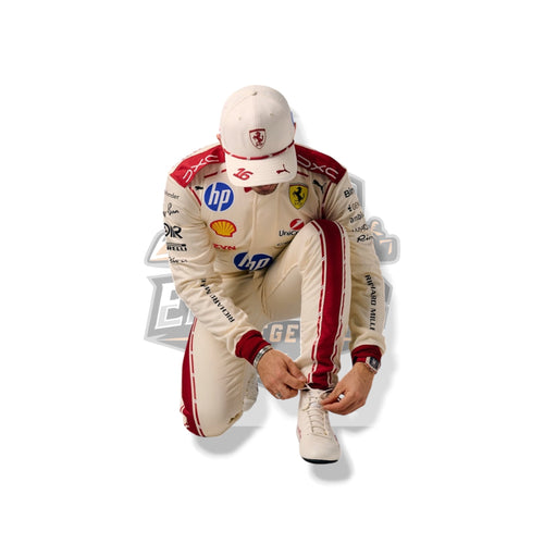 Men's beige racing suit with red trim, crouched pose with hands near lap