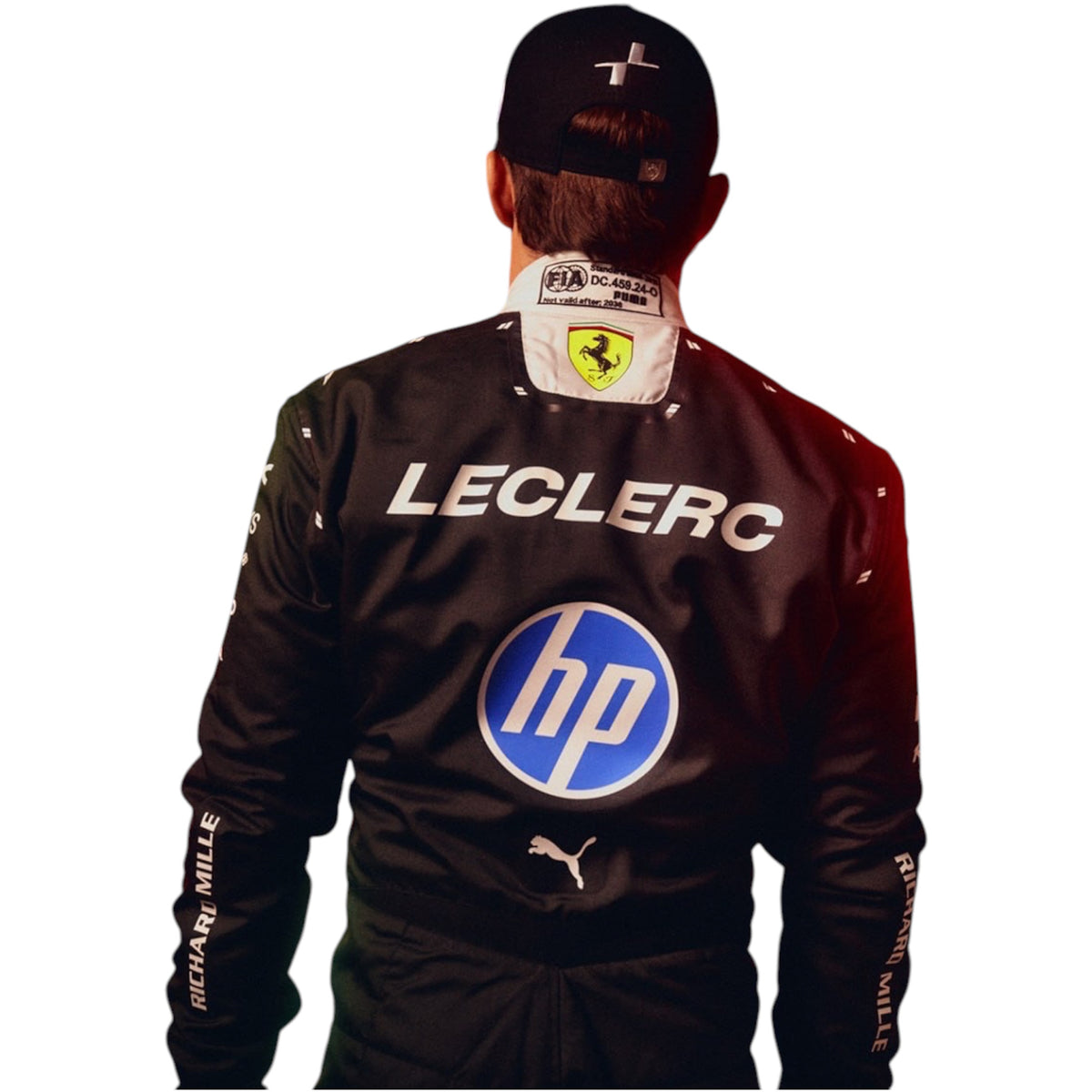 Back view racing replica suit with "LECLERC" text and HP logo center