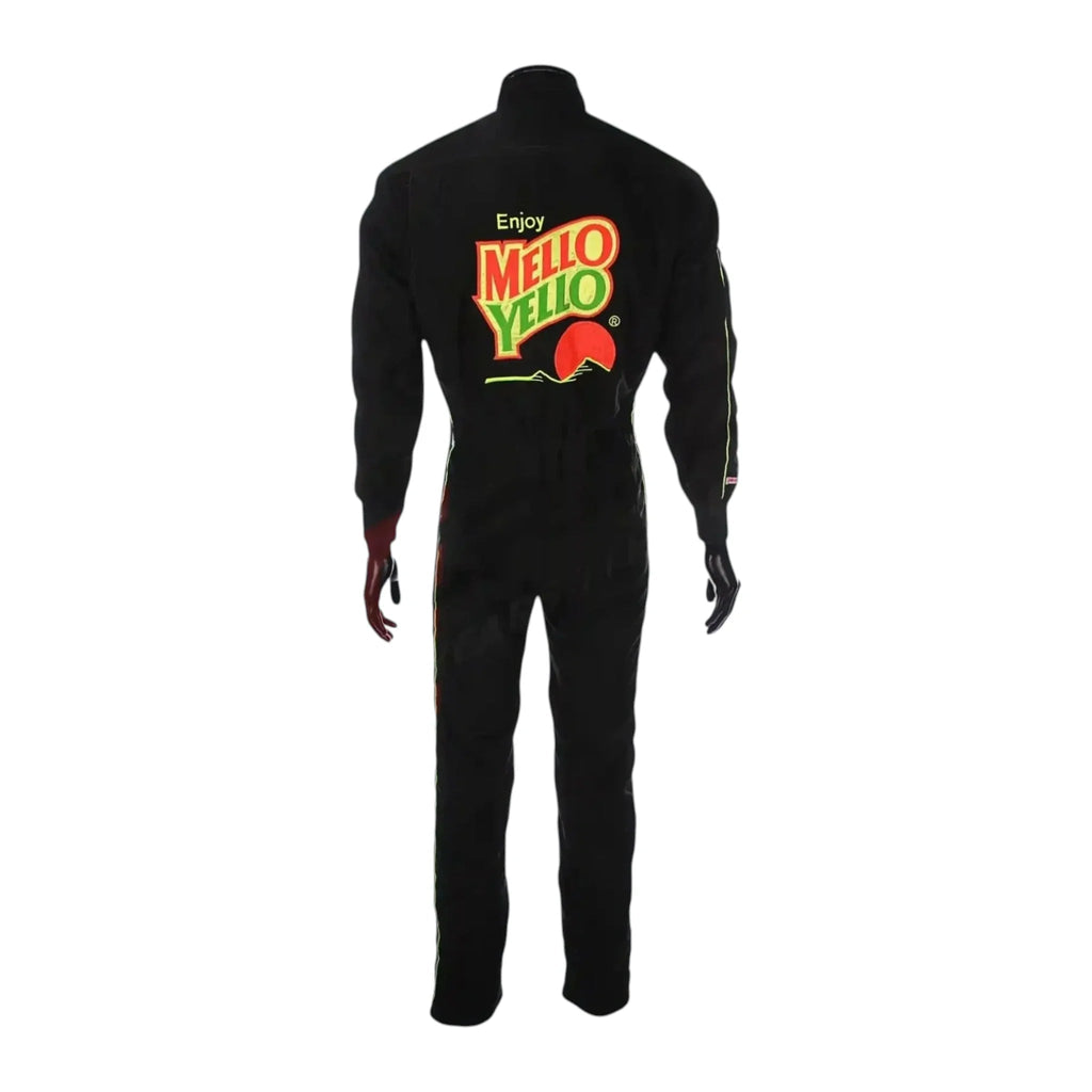 Back of black racing suit with yellow piping and large Mellow Yellow logo
