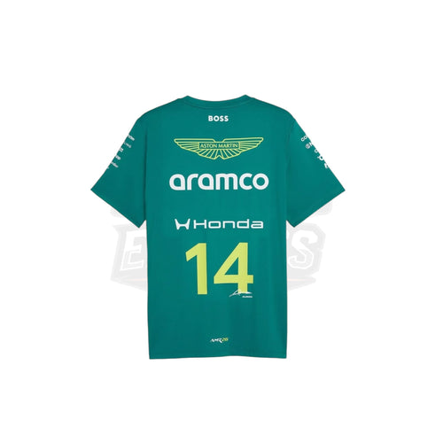 Teal green Aston Martin Aramco F1 replica T-shirt with number 14 back graphic