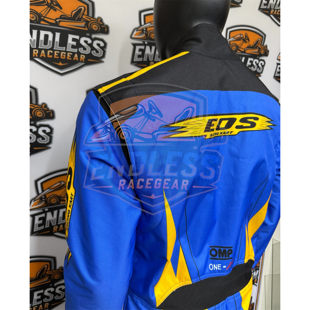 Blue racing suit back with yellow EDS logo, black trim, OMP One detail.
