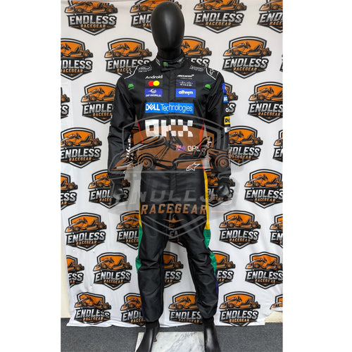 Back dark racing suit on mannequin with 81, blue chest band, and multicolor graphics