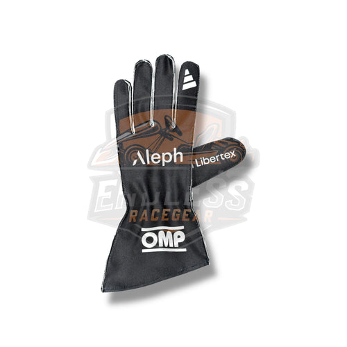 Black racing gloves with Aleph and Libertex logos, OMP mark on the palm side.