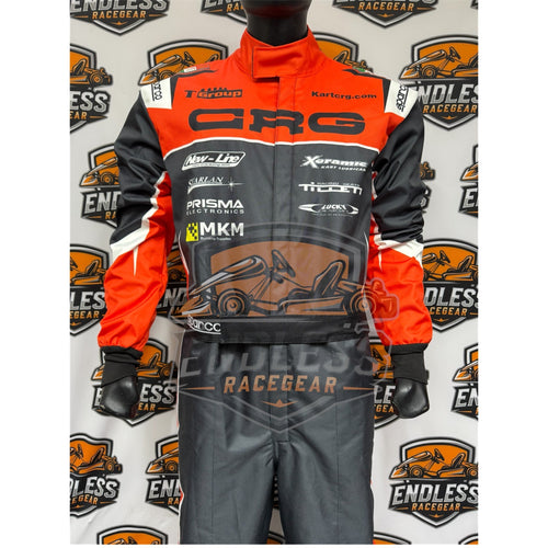 Go-kart race suit replica front view, orange and black with white chest panel