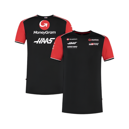 Haas MoneyGram replica t-shirt with black body, red sleeves, and front logo print