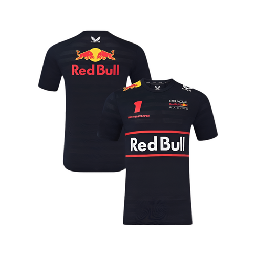 Black crew neck driver replica t-shirt with Red Bull and Max Verstappen graphics