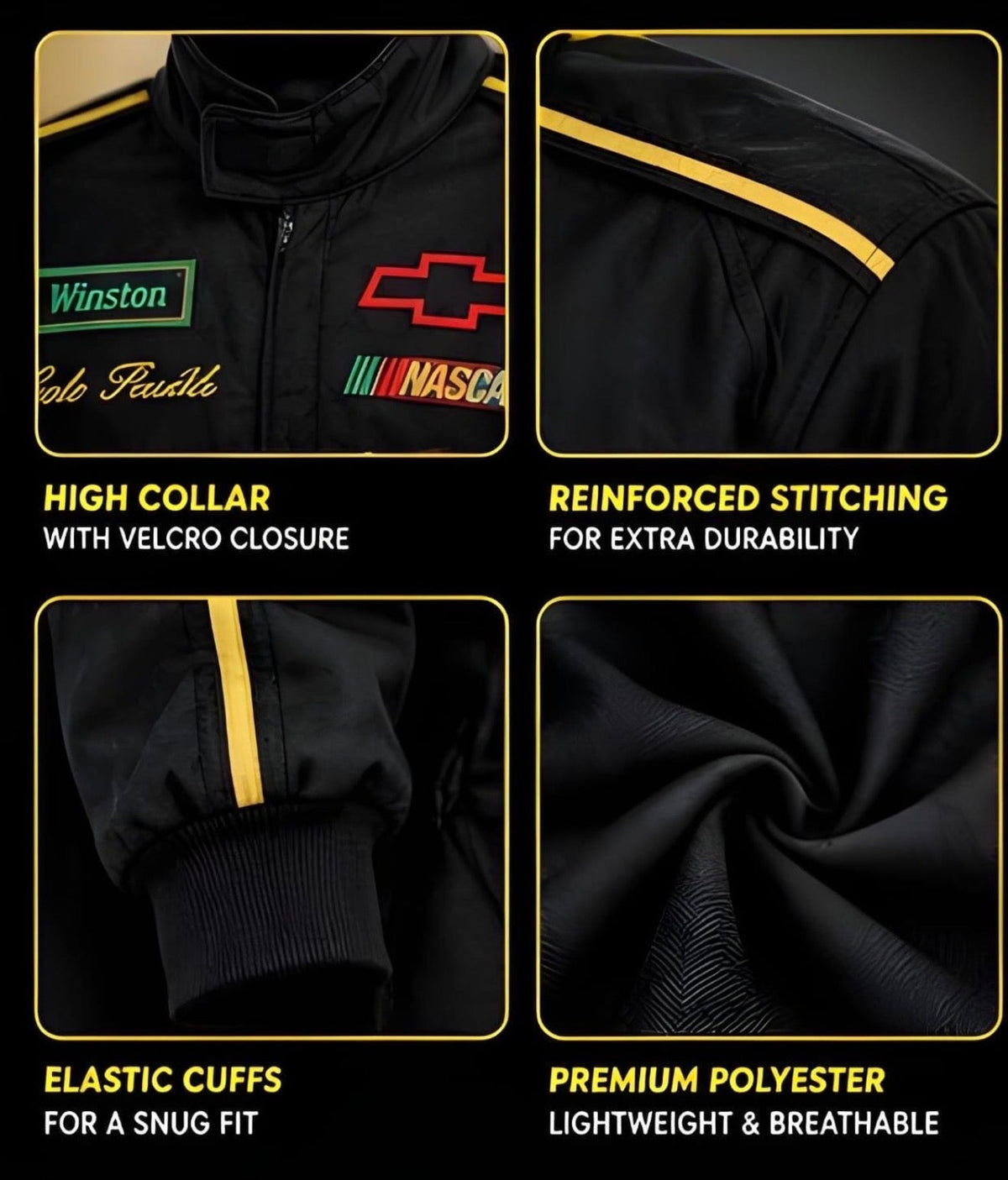 Black racing suit details: high collar, reinforced seams, elastic cuffs and lightweight polyester