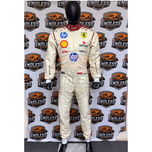 White Monaco racing suit front view with hp, Ferrari-style crest, and long sleeves.