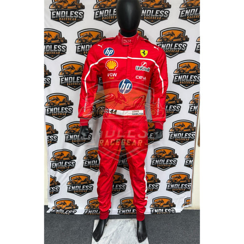 Red racing suit front view with hp logo, Unicred, and Ferrari shield
