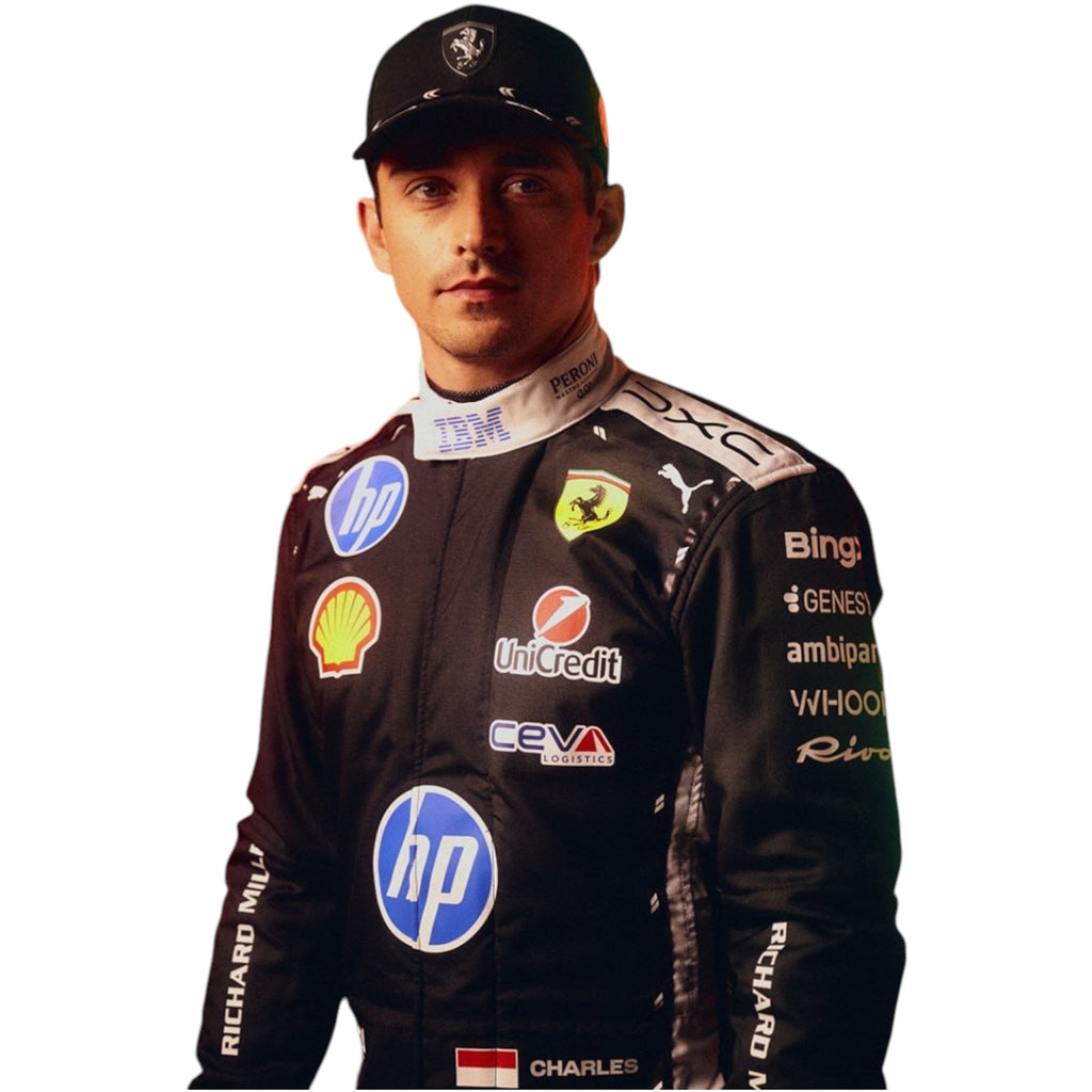 Black racing suit with HP logo, Ferrari shield, and driver name patch on chest
