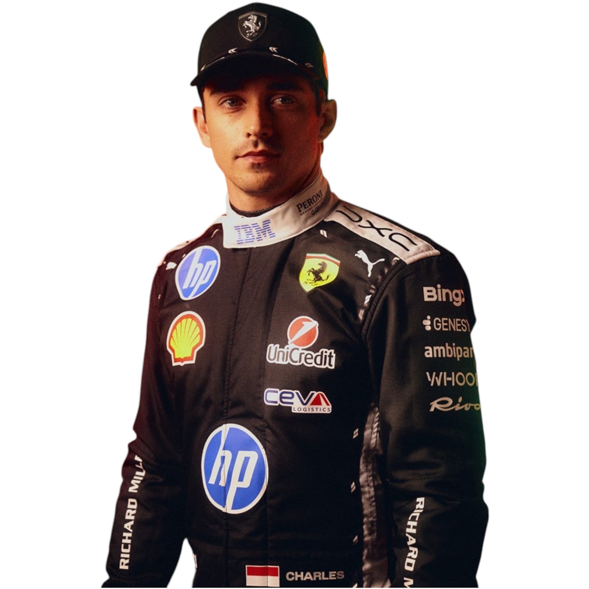 Black racing suit with HP logo, Ferrari shield, and driver name patch on chest