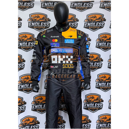 Racing suit on mannequin, dark black with yellow center panel, DELL logo and 1000 graphic