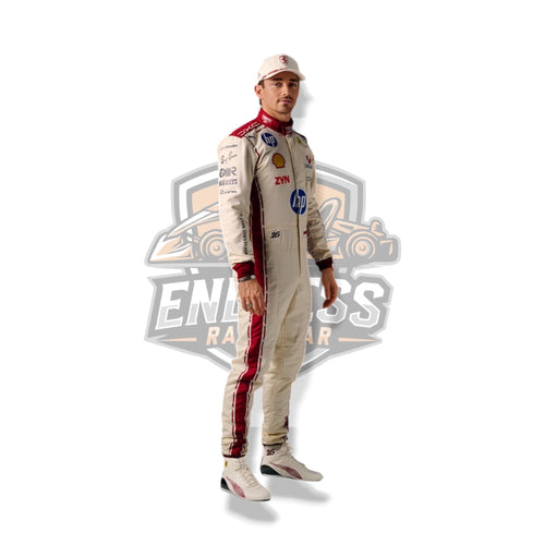 Men's beige racing suit with red side stripes and full-length sleeves, standing pose