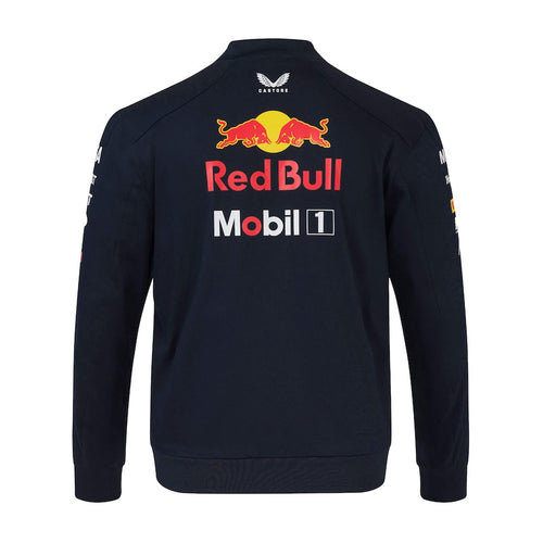 Dark navy bomber jacket back, stand collar with Red Bull and Mobil 1 logos