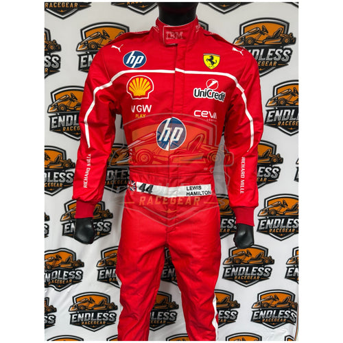 Red racing suit front view with Ferrari crest, hp stripe, and Unicred branding